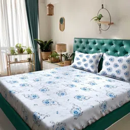 KLOTTHE Blue Floral 400 TC Pure Cotton Double Bedsheet with 2 Pillow Covers-image-30