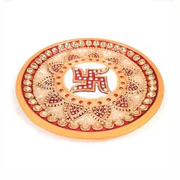apka mart Yellow & Red Swastik Textured Marble Aarti Thali-picture-3