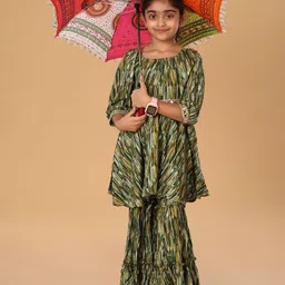 The Mini Trunk Girls Abstract Printed Square Neck Mirror Work A-Line Kurta With Trousers-image-86