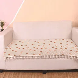 STITCHNEST Orange & White Floral Printed Velvet 2 Seater Anti Slip Sofa Cover-image-33