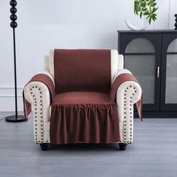 RUBOXA Maroon Solid Velvet 1 Piece Sofa Cover With Arms-15