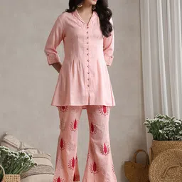 Khushal K Floral Printed Cotton V-Neck Tunic With Trouser Co-Ords-12