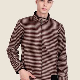 Leather Retail Men Mock Collar Checked Lightweight Woollen Bomber Jacket-image-23