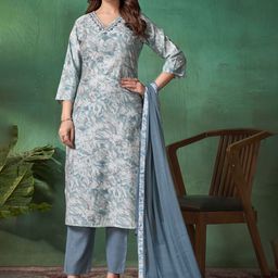 DIVASTRI Women Floral Embroidered Regular Beads and Stones Pure Cotton Kurta with Trousers & With Dupatta-picture-38