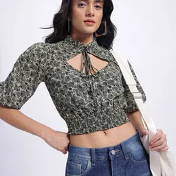 glitchez Power PuffPrinted Tie-Up Neck Puff Sleeve Cinched Waist Top-image-52