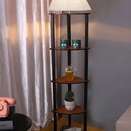 Devansh Off White & Brown Pleated Wooden Shelf Floor Lamp-46