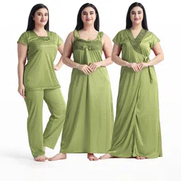NIGHT KEYS Women Pack of 3 Solid Square Neck Maxi Sweat Nightdress-image-83