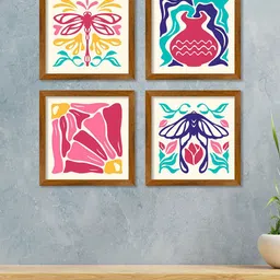 ArtVibes Pink & Blue 4 Pieces Floral and Botanical Wooden Painting Wall Arts-32