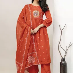 SINGNI Women Ethnic Motifs Embroidered Cotton Kurta with Trousers & Dupatta-picture-32