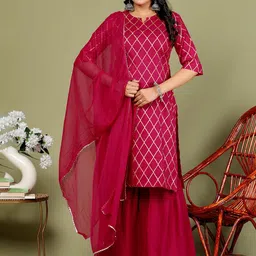 ROOTSOUL Geoemtric Printed Notch Neck Straight Kurta With Palazzos & Dupatta-picture-40