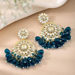 Peora Gold Plated Kundan & Beaded Contemporary Drop Earrings-16