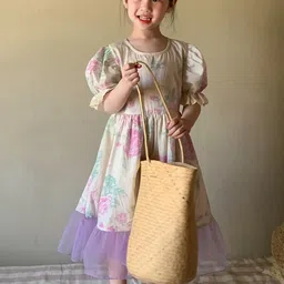 LULU & SKY Girls Floral Printed Puff Sleeve Pure Cotton Fit and Flare Midi Dress-image-8