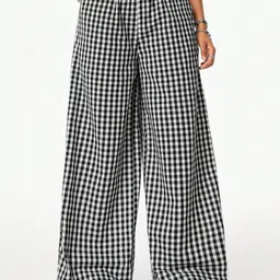 HIGH BUY Women Checked Relaxed High-Rise Trousers-picture-8