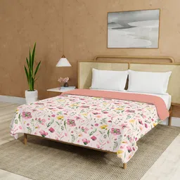 URBAN SPACE White & Pink Floral Printed Malmal Cotton 90 GSM AC Room Double Bed Dohar-image-86