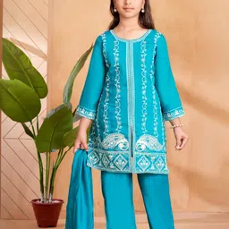 Sangria Girls Turquoise Blue Pure Silk Kurta Sets-image-77