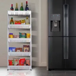 5 Tier Kitchen Trolley, Easy-To-Move Slide Out Shelf Slim Rack White Plastic Kitchen Trolley-image-93