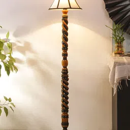 Devansh White & Brown Wooden Frustum Floor Lamp With Shade-32