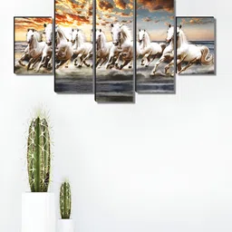 SAF White & Blue 5 Pieces Seven Running Horse Birds And Animals Wooden Wall Art-image-87