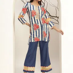 Bani Women Blue Floral Striped Printed Caller Neck Casual Tunic With Trouser Co-Ords Set-picture-53