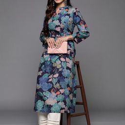 KSUT Women Blue Floral Mandarin Collar Three-Quarter Sleeves Viscose Rayon Kurta-picture-33