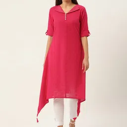 JAPER KURTI V-Neck Thread Work Roll-Up Sleeves Asymmetric Hemline Cotton A-Line Kurta-picture-37