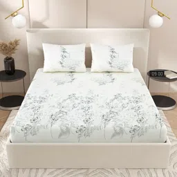 Jaipur Weaves Cream-Coloured & Grey Floral King Bedsheet with 2 Pillow Covers-image-54