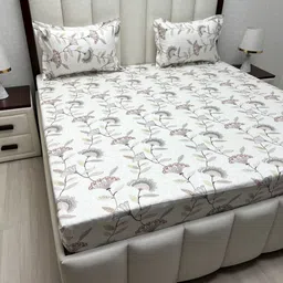 Pure Decor White And Grey Floral Printed 400 TC Queen Bedsheet Set 2.28 m x 2.54 m-image-75