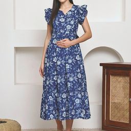 Frempy Maternity Floral Printed Organic Cotton A-Line Maxi Dress-picture-5