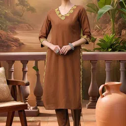 Sangria Floral Embroidered V-Neck Thread Work Straight Kurta With Trousers & Dupatta-image-91