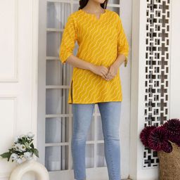 MERAAKI FASHION Women Printed Mandarin Collar Longline Cotton A-Line Top-image-6