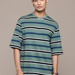 The Roadster Lifestyle Co. Horizontally Striped Drop-Shoulder Sleeves Oversized T-shirt-image-65