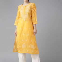 ADA Women Mustard Yellow Ethnic Motifs Embroidered Chikankari Kurta-image-69