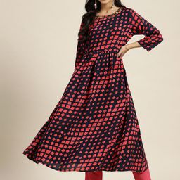 Sangria Navy Blue & Red Geometric Printed Sequinned Pure Cotton Sequinned Kurta-23