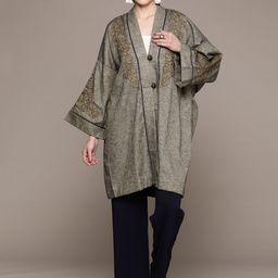 aarke Ritu Kumar Women Striped Embroidered Longline Shrug-24