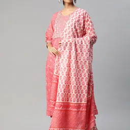 Readiprint Fashions Women Pink Floral Yoke Design Gotta Patti Pure Cotton Kurta with Palazzos & With Dupatta-image-80