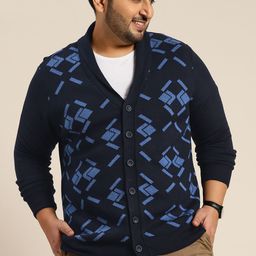 Sztori Plus Size Men Blue Geometric Design Cardigan-picture-6