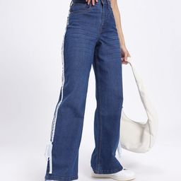 glitchez Women Wide Leg Side Stripe Bow Detail Jeans-image-79