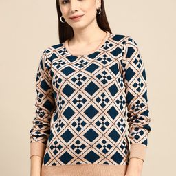 Anouk Women Peach-Coloured & Teal Green Checked Acrylic Sweater-7