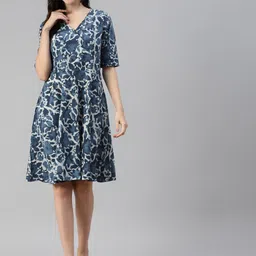 Divena Women Blue & White Pure Cotton Ethnic Motifs Block Printed Dress-image-79