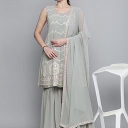 Kvsfab Women Grey Embroidered Panelled Silk Georgette Kurta with Sharara & With Dupatta-image-53