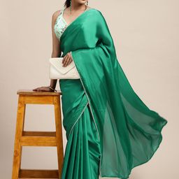 HERE&NOW Teal Green Dyed Pearl Embellished Satin Saree-image-49