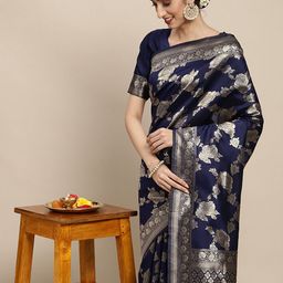 Saree mall Navy Blue Floral Silk Blend Banarasi Saree-image-10