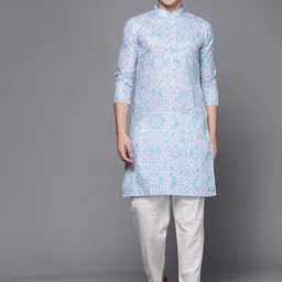 Indo Era Men White & Blue Ethnic Motifs Printed Kurta-image-83