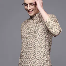 Indo Era Men Beige & Black Cotton Printed Kurta-image-46