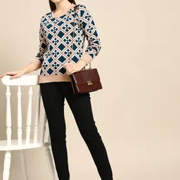 Anouk Women Peach-Coloured & Teal Green Checked Acrylic Sweater image 2