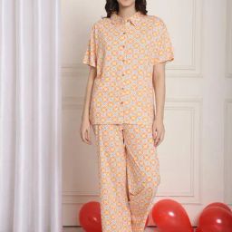 Kanvin Orange Cotton Printed Shirt Pyjamas Set-image-100