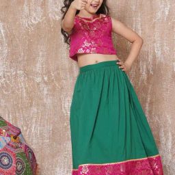 AJ Dezines Kids Green & Pink Floral Print Lehenga with Choli-image-24