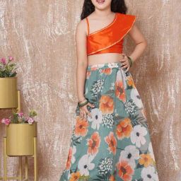 AJ Dezines Kids Orange & Blue Floral Print Lehenga with Choli-image-17