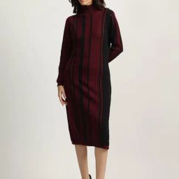 Iconic Red Cotton Regular Fit Striped Dress-image-13
