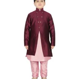 SG Yuvraj Kids Wine & Pink Textured Pattern Full Sleeves Kurta Set-image-89